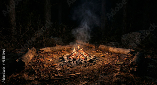Enchanting campfire illuminating the peaceful forest night, radiating warmth and a cozy atmosphere