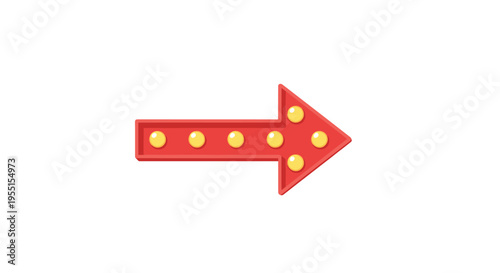 Retro style red arrow with yellow bulbs pointing right on white