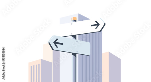 Urban direction signs against city building backdrop