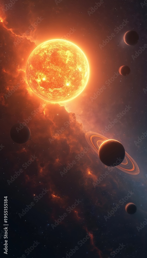 Fototapeta premium Fiery sun and planets in deep space nebula. Ringed planet orbits star system. Cosmic scene with distant stars and gas clouds. Galactic travel background.