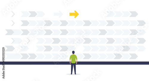 Conceptual image of a person facing diverse arrows following one