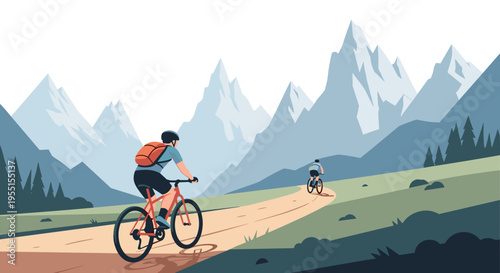 Cyclists biking on scenic mountain trail in minimalist style