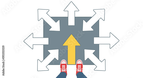 Choosing the right path: decision making concept with arrows and shoes