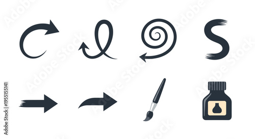 Ink and brush art elements: arrows spirals and calligraphy tools