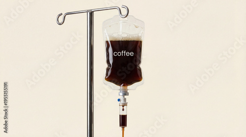 Conceptual image of an intravenous drip bag filled with strong coffee, symbolizing a daily energy boost or the essential need for caffeine to start the day