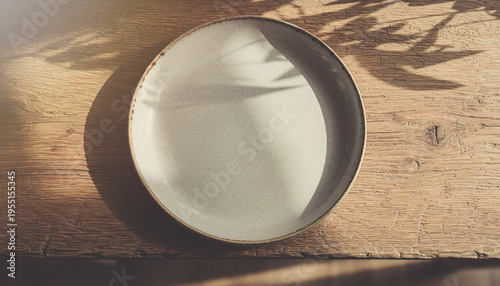 Rustic ceramic plate casting shadows on a wooden surface with dappled light