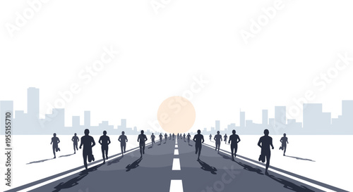 Silhouette runners on city road with sunset in background