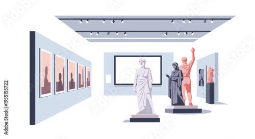 Modern art gallery with classical sculptures and framed artwork