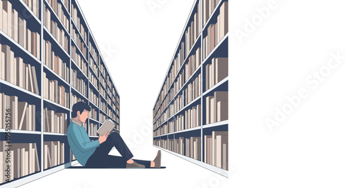 Person reading in library aisle surrounded by tall bookshelves