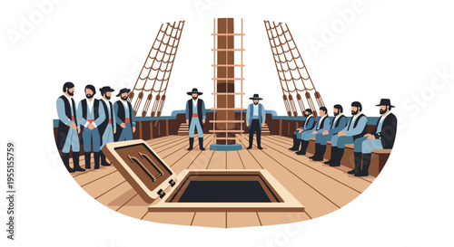 Historic sailing ship crew meeting on deck with antique attire in
