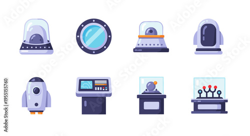 Futuristic space elements set: rockets controls and capsules in flat