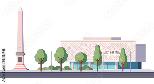 Modern museum and obelisk in urban landscape with minimalist design