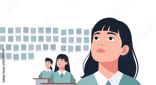 Students in classroom setting with focused expressions in flat art