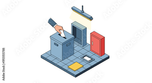 Isometric design of voting scene with hand placing vote in ballot box