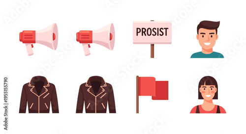 Collection of icons featuring megaphones messages people jackets and