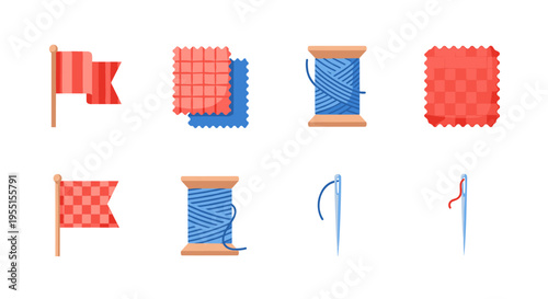 Sewing elements set: needles threads and fabric swatches in flat style