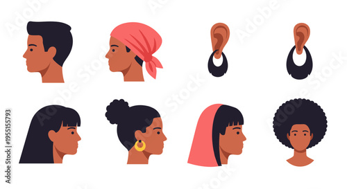 Diverse hairstyles and profiles of women and men with accessories