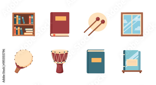 Colorful home and music elements set in flat design