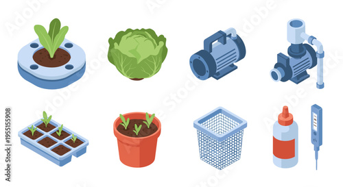 Isometric gardening and hydroponics equipment set with tools and