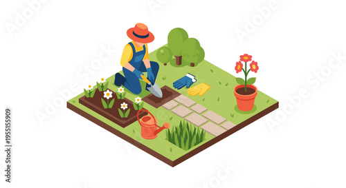 Isometric gardening scene with gardener planting in vibrant backyard