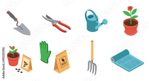 Garden tools and supplies isometric icons: trowel pruner watering can