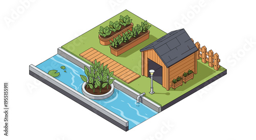 Isometric garden scene with shed plants and water feature in a