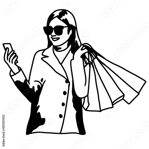 Stylish woman wearing sunglasses holding a smartphone while carrying shopping bags. Concept of modern lifestyle, online communication, fashion shopping, urban consumer behavior and retail activity.