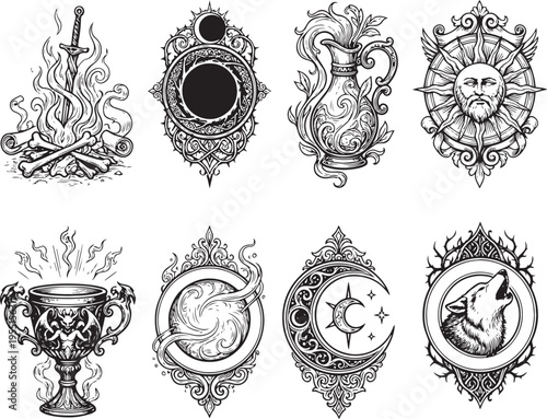 A set of symbols, badges, ornaments, and coats of arms. Medieval times, knights, fantasy, fairy tale. Engraving, illustration, etching. Hand drawn vector illustration