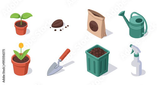 Isometric gardening tools and plants collection for home and outdoor