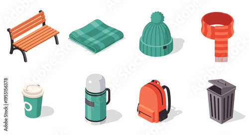 Isometric outdoor essentials: cozy winter accessories and travel gear