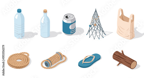 Isometric recyclable items and natural rope elements on white