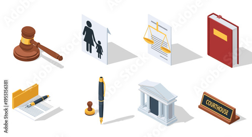 Isometric legal icons set: gavel scales courthouse documents book