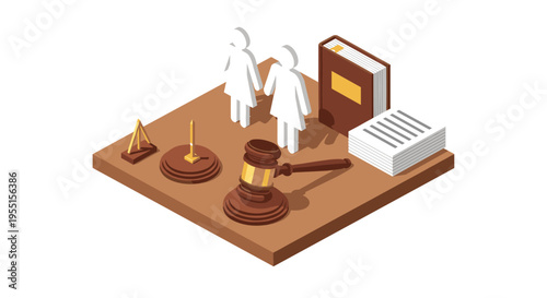 Isometric justice symbols with gavel and legal figures in 3d design