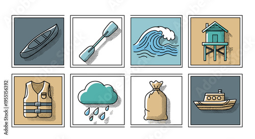 Outdoor adventure icons set: canoe paddle wave beach hut life vest