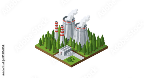 Isometric power plant in forest: eco-friendly energy concept with