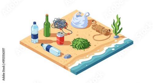 Isometric ocean pollution with plastic waste on sandy beach