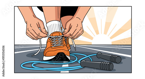 Morning fitness routine: tying shoes and jump rope highlights