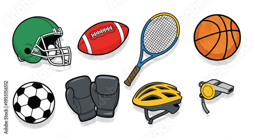 Retro sports equipment collection featuring helmets balls and gear in