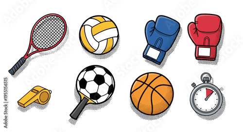 Sports equipment collection: tennis volleyball boxing soccer
