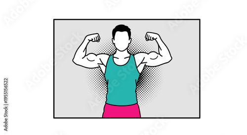 Pop art style muscular figure with halftone background flexing biceps