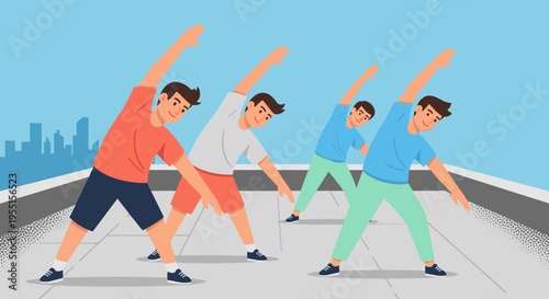 Active rooftop workout routine with group of men engaging in fitness