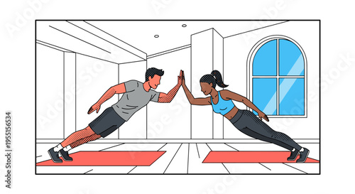 Team workout: diverse duo high-fives during intense push-up session