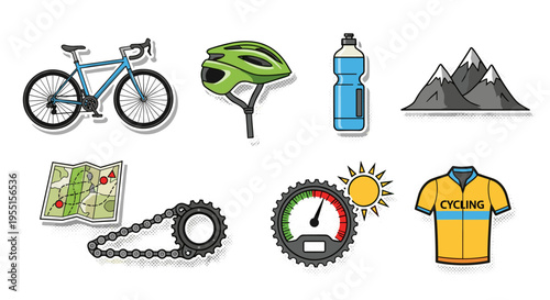 Cycling essentials: bike gear and nature in detailed cartoon style