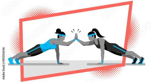 Dynamic duo workout: women exercising in flat style push-up pose