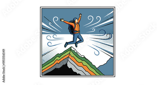 Dynamic pop art of an adventurer celebrating at mountain summit