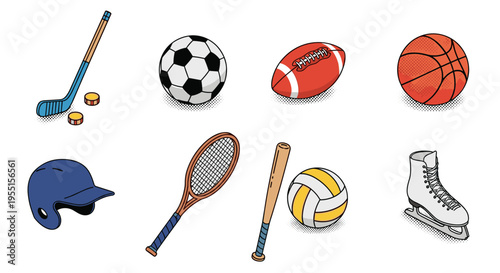 Sports equipment in modern flat design: hockey soccer football