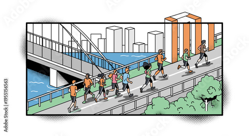 Group of joggers crossing a city bridge in a comic style scene