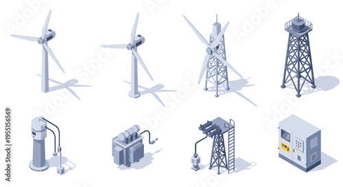Isometric renewable energy elements set featuring wind turbines and