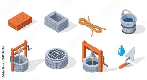 Isometric well and construction tools set with brick rope and water