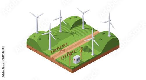 Isometric wind farm scene with turbines on green landscape